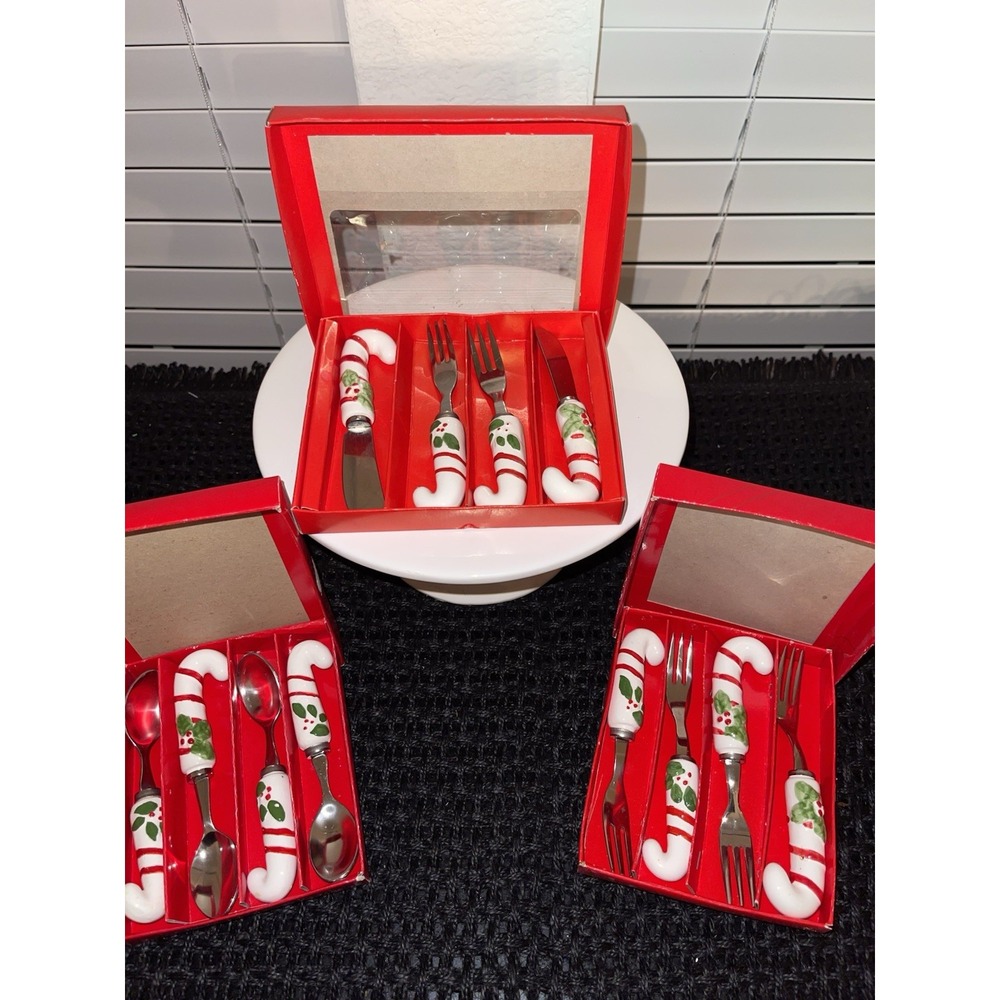 Vintage Christmas‎ Hors D'oeuvre Spoon, Fork, Knife With candy cane Handles- 12
